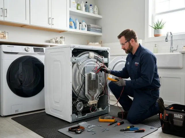 Appliance Repair Hero technician checking a dryer heating element with the rear panel off in Boynton Beach, FL