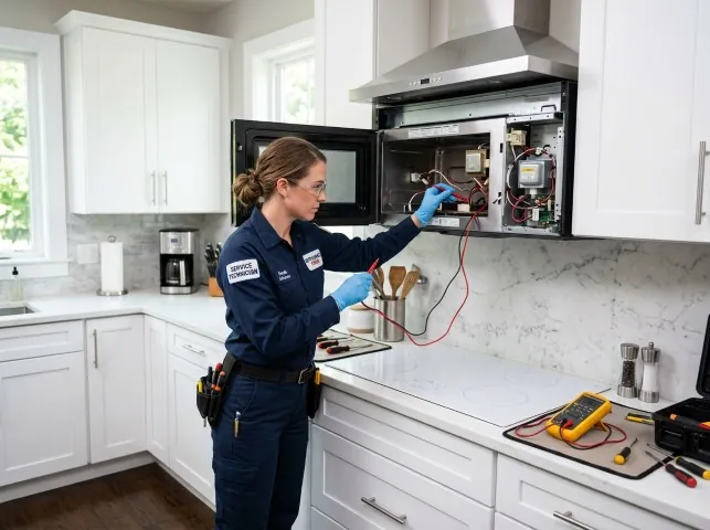 Appliance Repair Hero technician testing an over-the-range microwave in a Boynton Beach, FL kitchen