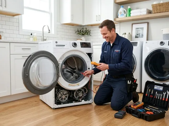 Appliance Repair Hero technician testing a front-load washer with a multimeter on a Boynton Beach, FL service call